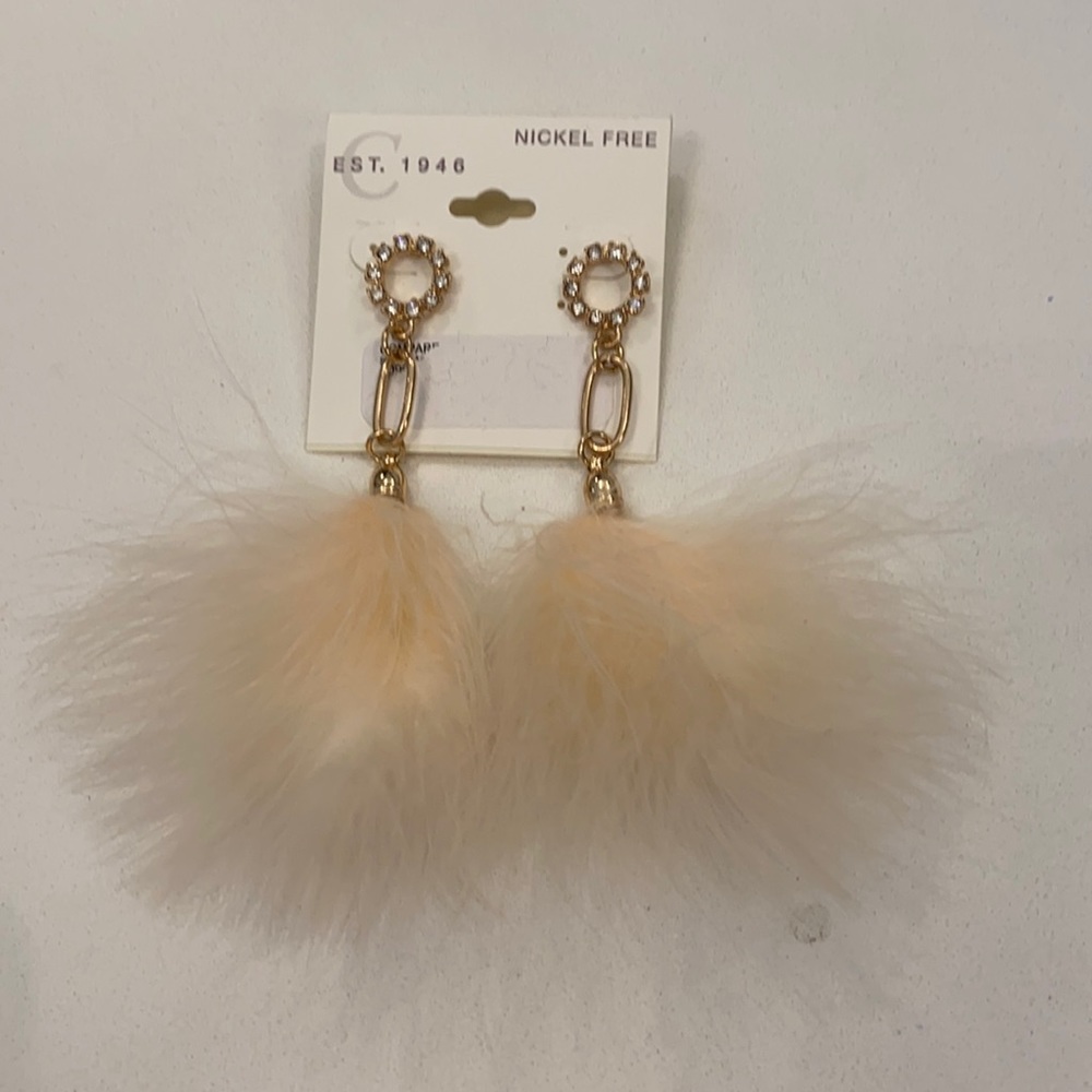 Gold Earrings w/ Rhinestones & Blush Pink Feathers
